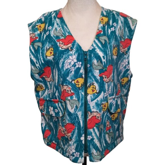 Vintage 90s Disney Little Mermaid Ariel Vest Size L Blue Full Zip Handmade - Picture 1 of 7